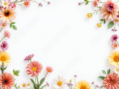 there is a white background with a border of flowers and leaves. photo