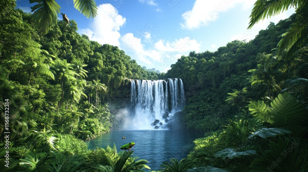 Fototapeta premium Lush tropical waterfall surrounded by vibrant greenery and blue sky.