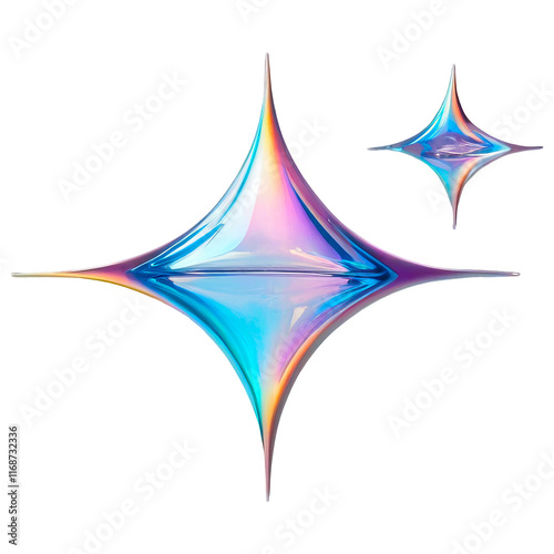 3D chrome element in Y2K style, isolated background, liquid holographic metal. Blue and purple stars with a rainbow effect, symbol of hope and positivity.