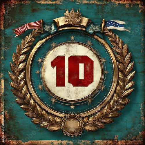 Ornate Gold Medallion Featuring Number Ten and Flags