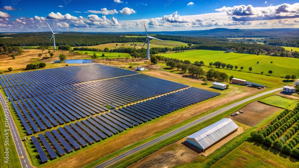 Naklejka premium Drone View: Australian Hybrid Energy Facility – Solar & Wind Power in Bannister, NSW