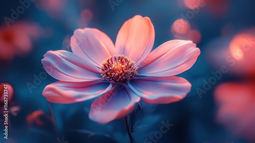 Beautiful flower blossoming in a serene garden at twilight, showcasing vibrant colors and delicate petals
