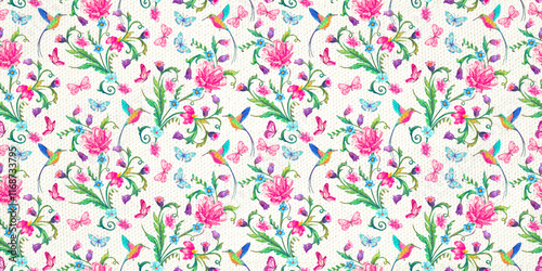 seamless watercolor painting texture of floral pattern with rose flowers, butterflies and hummingbirds