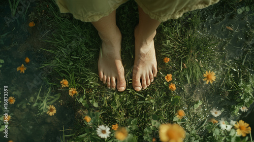 rooting feet in nature. barefoot on grass. grounding earthing down to earth