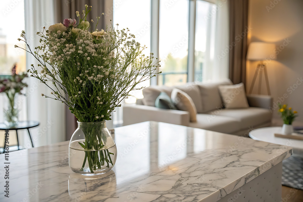 A modern living space with a marble countertop, wildflowers, and warm natural light from a large window. Cozy and stylish A modern living space with a marble countertop, wildflowers, and warm natural light from a large window. Cozy and stylish
