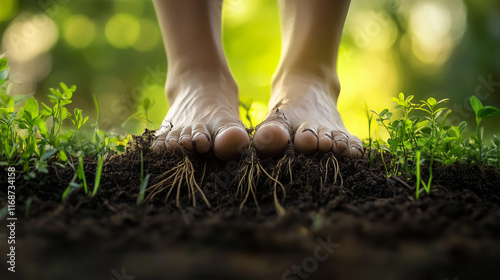 rooting feet in nature. barefoot on grass. grounding earthing down to earth