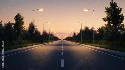 Night Asphalt road with street lights, transport background