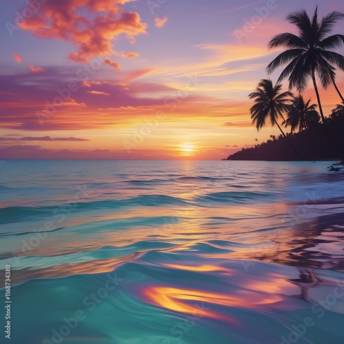 Tropical Beach Sunset with Vibrant Colors
