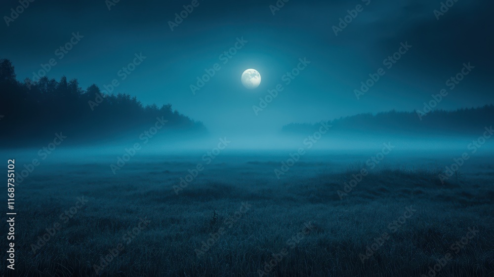 Fototapeta premium Mystical full moon over foggy meadow nature scene nighttime landscape atmospheric viewpoint