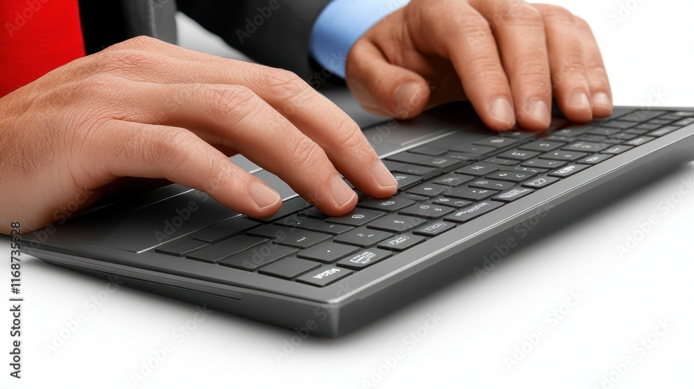 Close-up of hands typing on a compact keyboard. Close-up of hands typing on a compact keyboard.