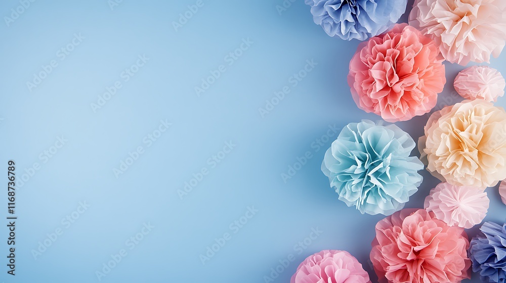 Pastel Paper Flowers Arranged On Blue Background Pastel Paper Flowers Arranged On Blue Background
