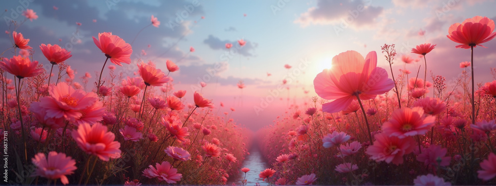 Dreamy Poppies in Vibrant Pink Bloom Against Sunset Sky Dreamy Poppies in Vibrant Pink Bloom Against Sunset Sky