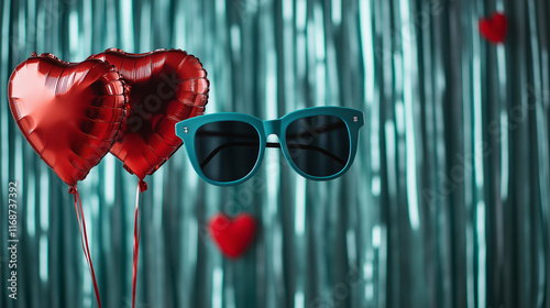 Bunte Herzluftballons in Rot und Silber vor glitzerndem Hintergrund

 photo