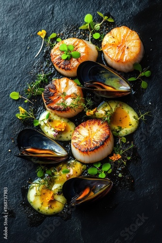 Perfectly cooked seafood fine dining composition. Grilled fresh scallops and shrimps in an artistic composition with micro greens, edible flowers, peas and drizzles of sauce. Coastal dining