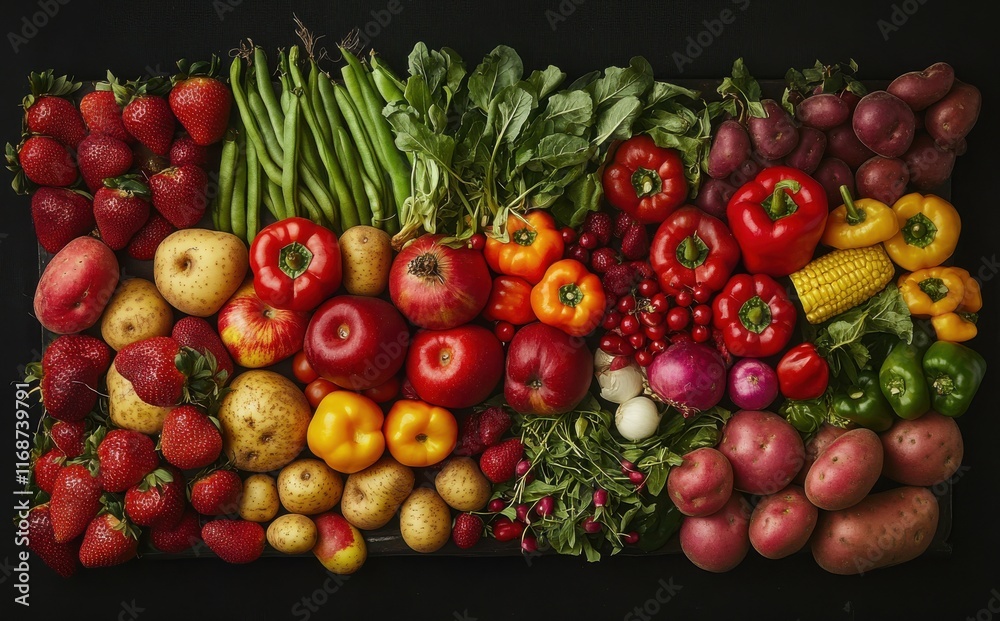 Vibrant Collection of Fresh Fruits and Vegetables in a Colorful Array Showcasing a Healthy Lifestyle on a Dark Background for Food Photography Vibrant Collection of Fresh Fruits and Vegetables in a Colorful Array Showcasing a Healthy Lifestyle on a Dark Background for Food Photography