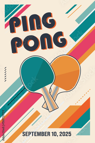 Retro style poster with text ping pong and rackets. Modern abstract sport background. Trendy geometric shapes.
