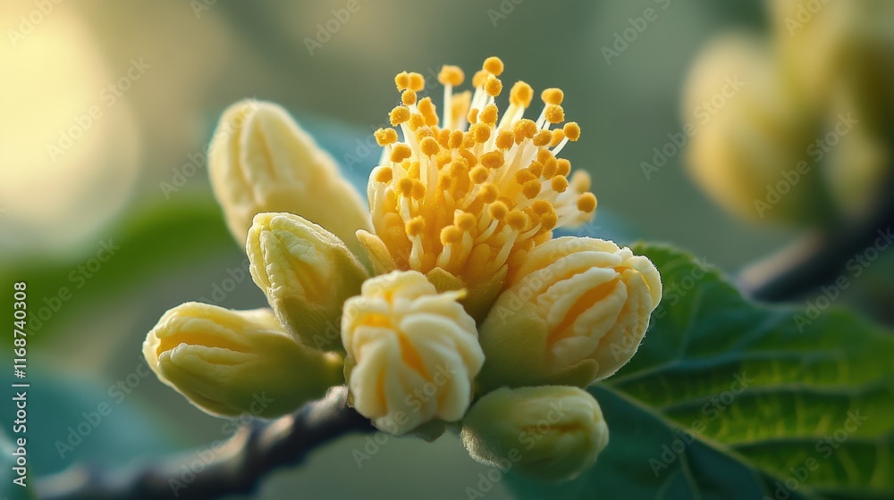 Fototapeta premium Beautiful yellow flower blooms amidst green leaves in a serene garden during daylight hours. Generative AI