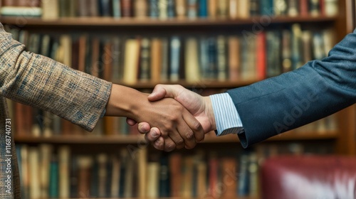 A businessman shaking hands with a colleague in an office lobby.