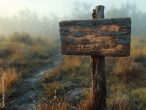 Weathered Wooden Signpost Photo: Misty Morning Trail Mockup. AI Generated