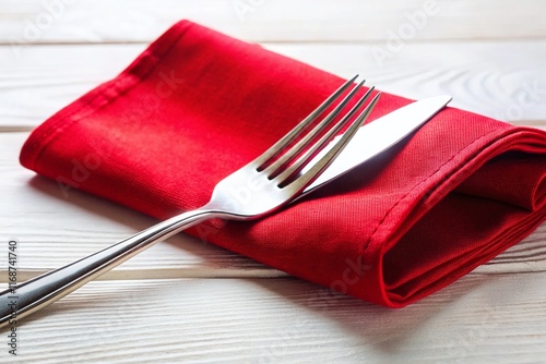Elegant Table Setting: Red Napkin & Silver Fork on White - Stock Photo