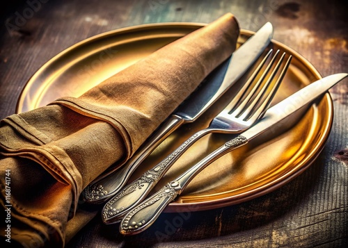 Elegant Table Setting: Close-up of Knife, Fork, and Napkin on Plates