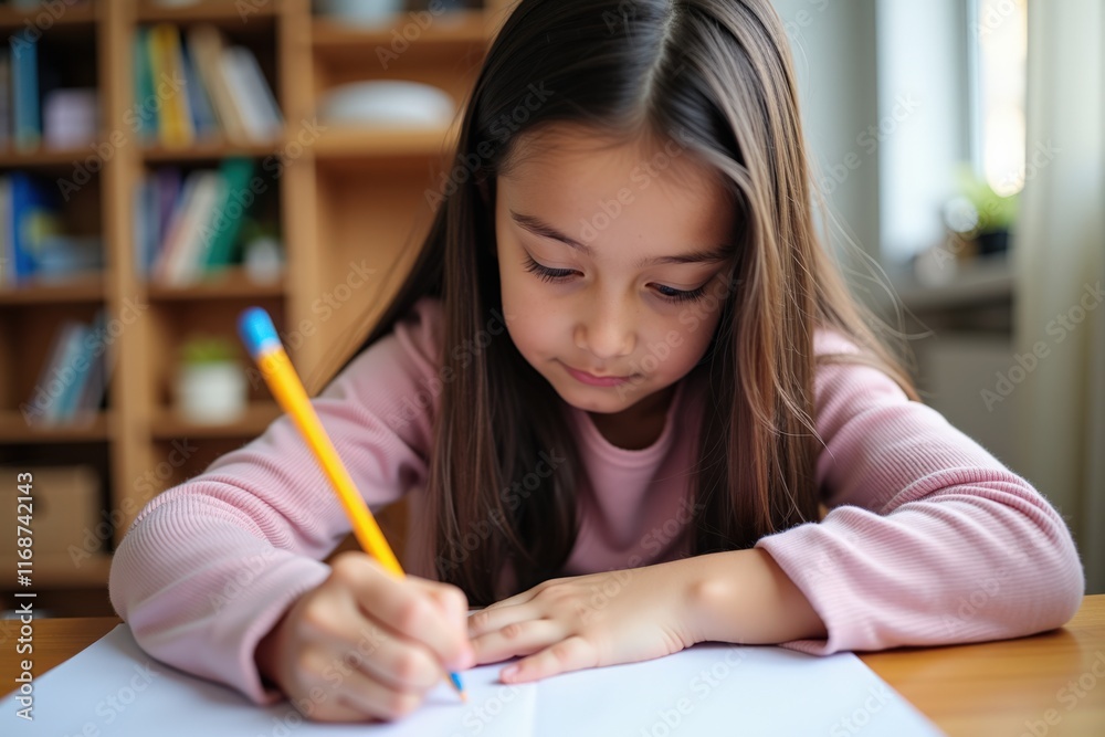 Focused Young Girl Writing in Notebook at Home Study Desk, Ideal for Educational and Inspirational Posters, Prints, and Greeting Cards Focused Young Girl Writing in Notebook at Home Study Desk, Ideal for Educational and Inspirational Posters, Prints, and Greeting Cards