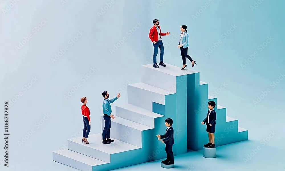 Group of business people interacting on a stylized staircase, representing career growth, teamwork, and professional development in a modern office environment