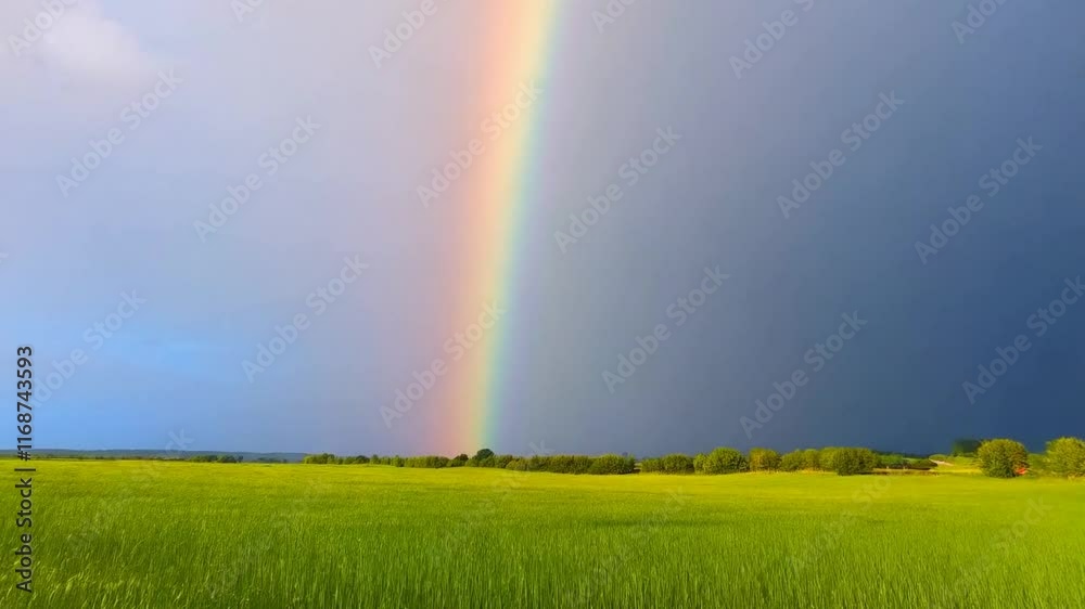 A vibrant rainbow over a lush green field and a dark stormy sky. A vibrant rainbow over a lush green field and a dark stormy sky.