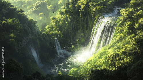 Breathtaking birds eye view of lush green waterfall in forest