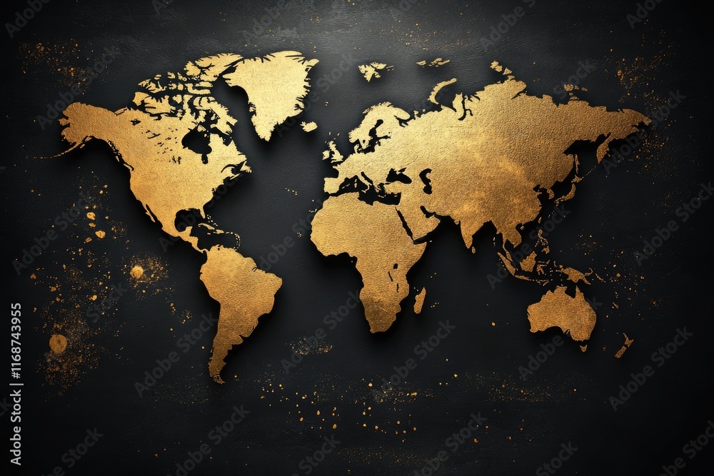 Naklejka premium Golden world map showing continents on black background