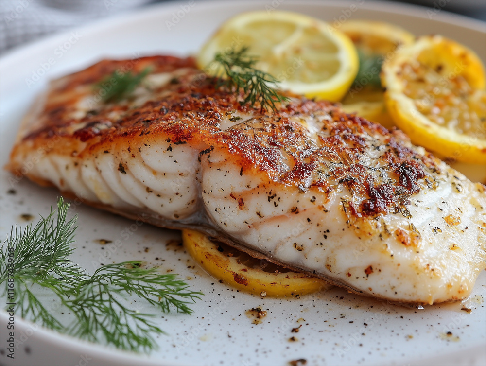 Food photography. Piece of fried fish with herbs and lemon in cafe or restaurant. Food photography. Piece of fried fish with herbs and lemon in cafe or restaurant.