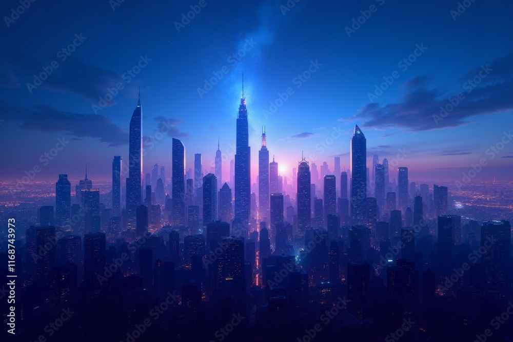 Obraz premium Futuristic Cityscape with Glowing Skyscrapers in Vibrant Blue and Pink Twilight