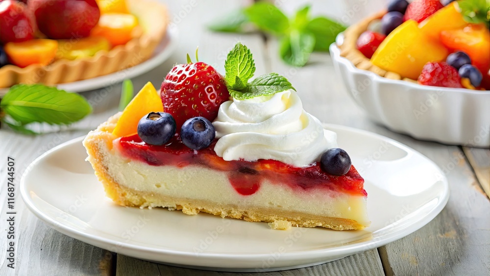 A luscious fruit pie slice, topped with fluffy whipped cream, a sweet dessert dream. A luscious fruit pie slice, topped with fluffy whipped cream, a sweet dessert dream.