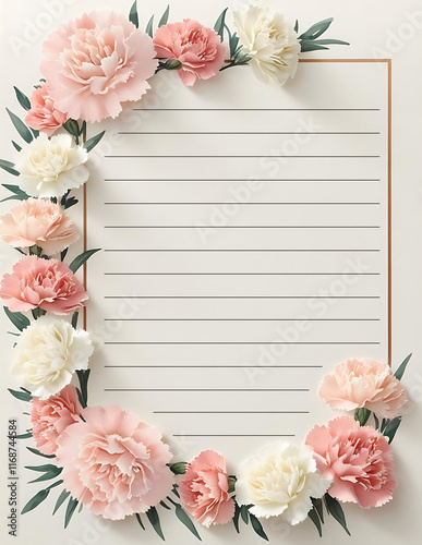 January Birth Month Flower Carnation, Lined Writing Paper, roses border