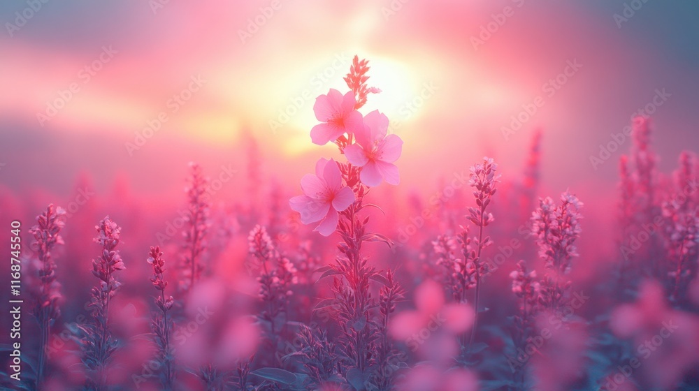 Fototapeta premium Vibrant pink flowers basking in warm sunlight during a serene sunset in a floral field. Generative AI
