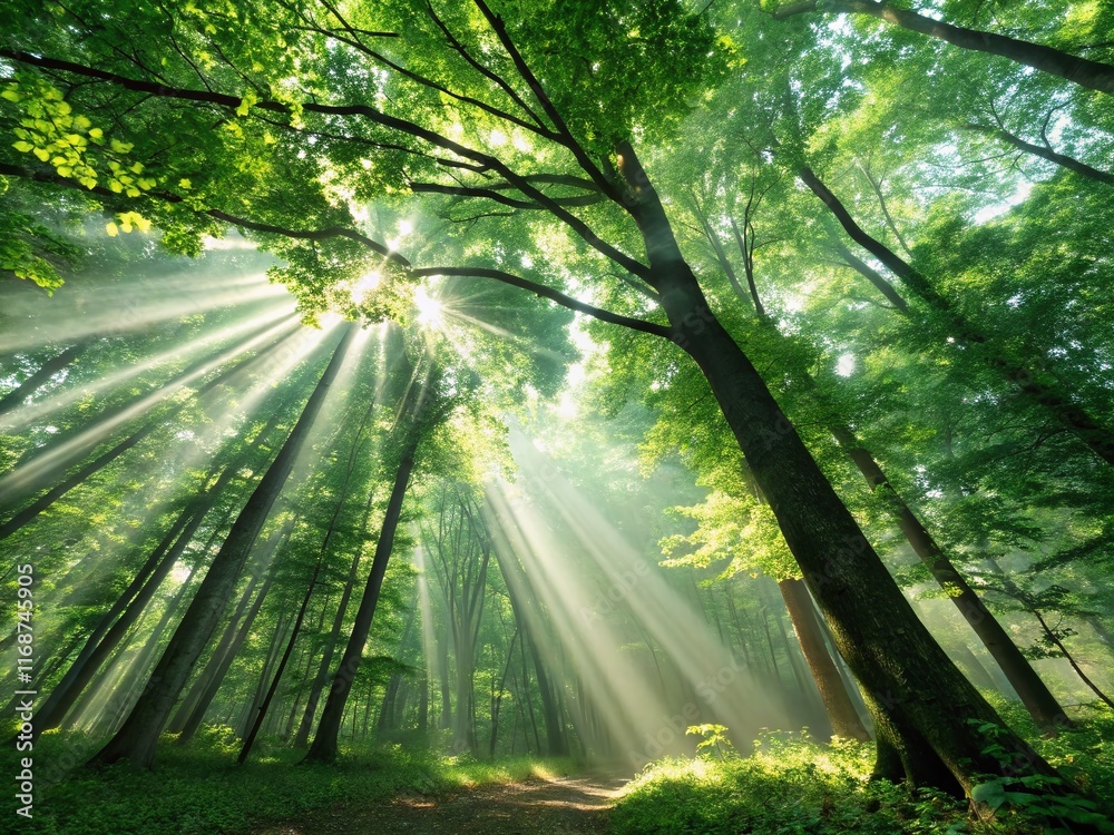 Obraz premium Enchanting Forest Scene: Sunbeams Through Lush Canopy, Mystical Atmosphere