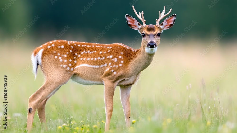 A young deer stands gracefully in a lush green field. A young deer stands gracefully in a lush green field.