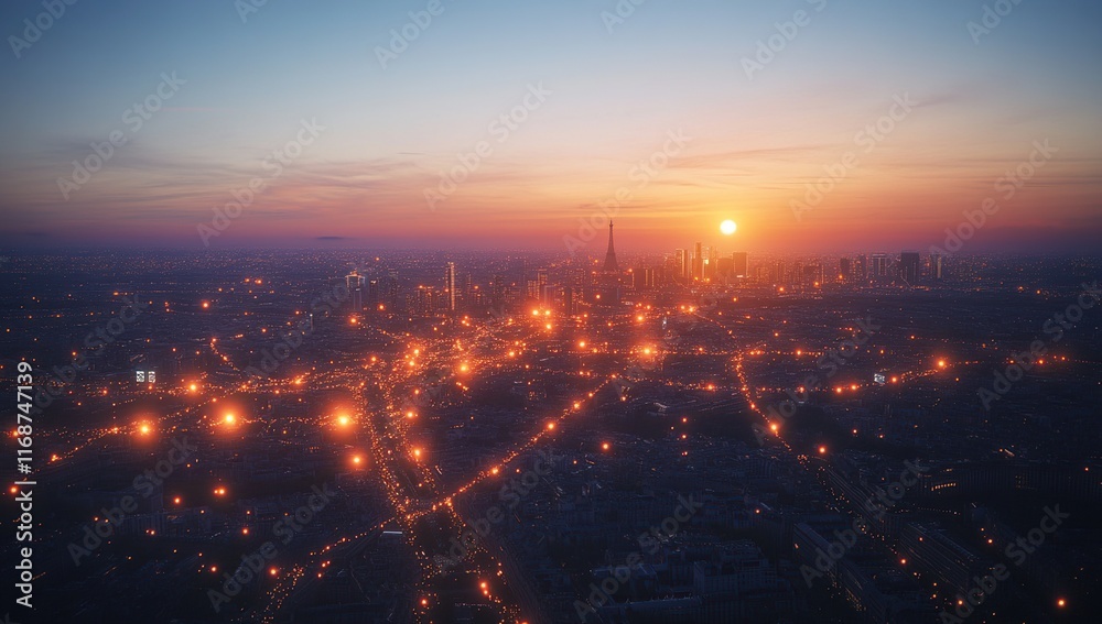 Fototapeta premium Sunset Cityscape: Aerial View of a Metropolis at Dusk