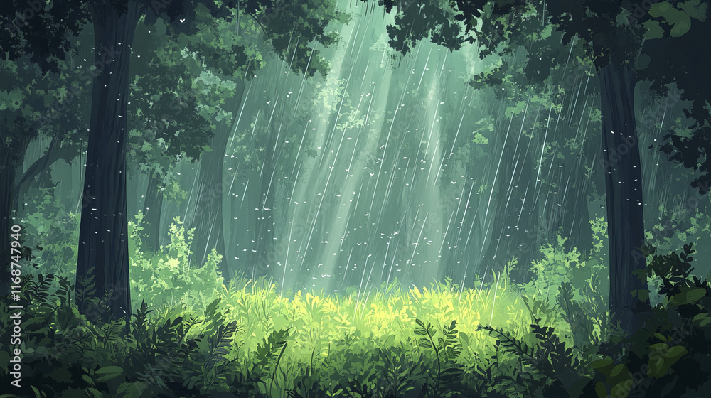 Obraz premium peaceful rainy forest with visible streaks of rain and lush greenery