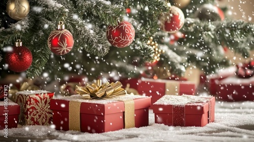 Glittery ribbons and colorful gift boxes in a holiday setting
