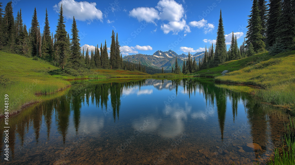 Serene Summer Mountain Lake with Lush Forest and Clear Reflections Serene Summer Mountain Lake with Lush Forest and Clear Reflections