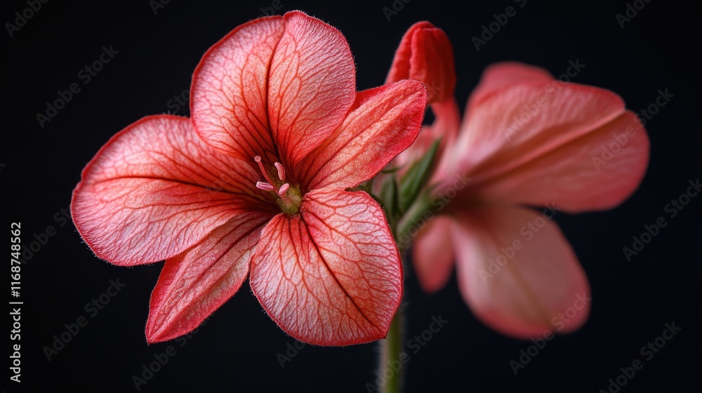 Fototapeta premium Beautiful close-up of delicate pink and red flowers showcasing intricate petal patterns in a dark background. Generative AI