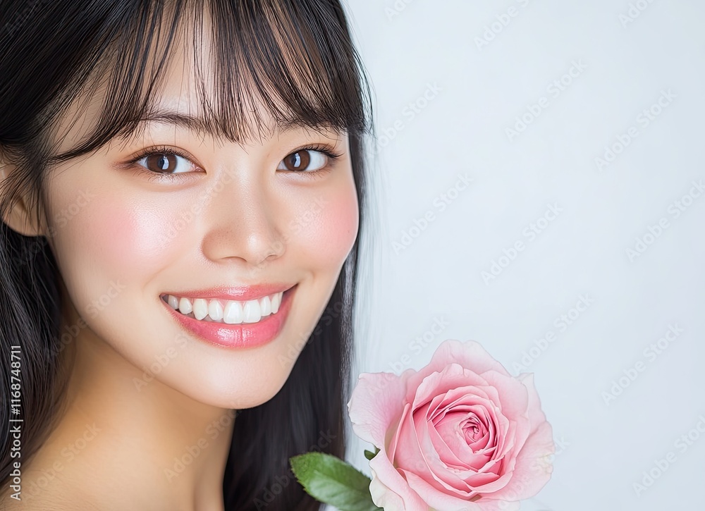 Beautiful Asian woman with long hair and bangs smiling next to a pink rose, white background Beautiful Asian woman with long hair and bangs smiling next to a pink rose, white background
