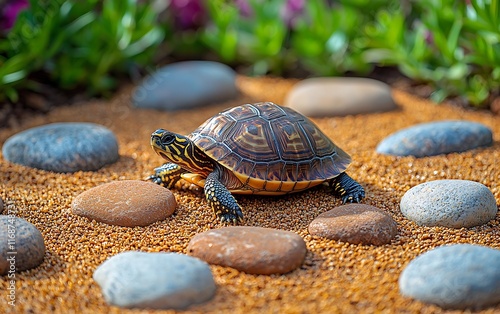 A small turtle walks on a sandy path among smooth stones and green plants. photo