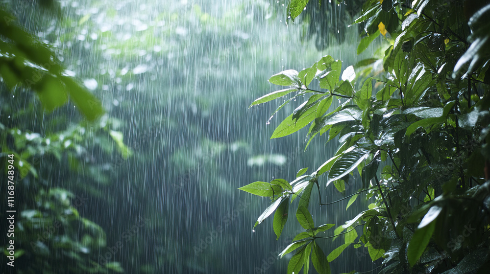Fototapeta premium Lush green leaves in rainy forest with water streaks falling down