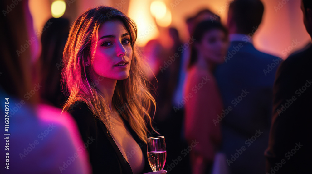 A woman standing at a party, surrounded by people talking and laughing. A woman standing at a party, surrounded by people talking and laughing.