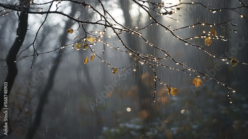 serene woodland scene with shimmering rain falling on leaves