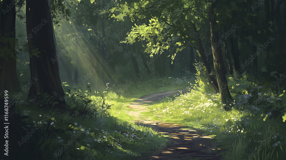 Obraz premium serene forest path winding gently through lush green foliage and sunlight