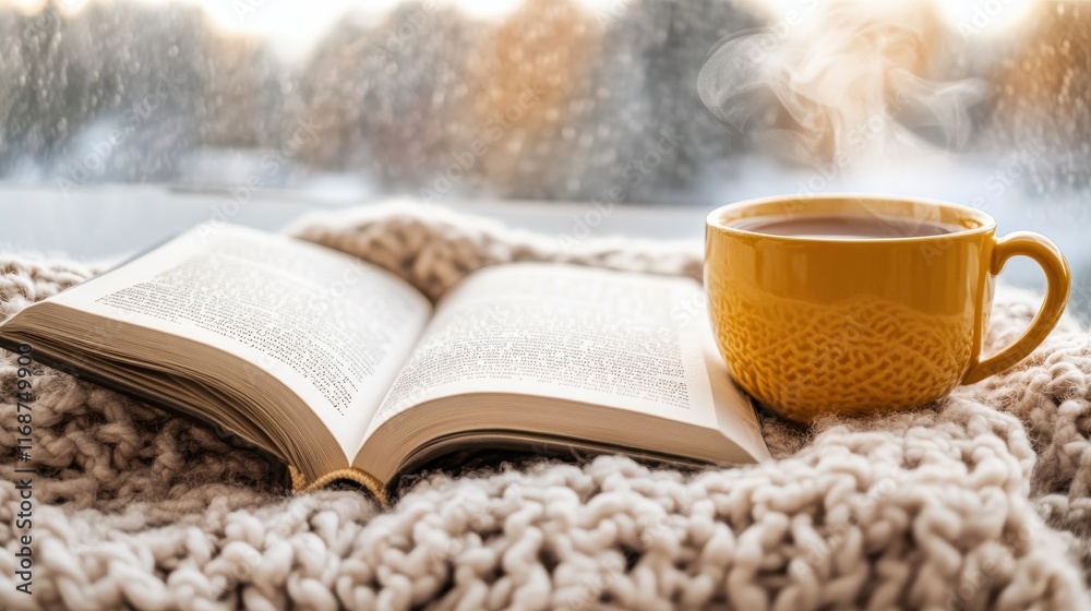 Cozy winter scene with open book and steaming cup on knitted blanket by a window Cozy winter scene with open book and steaming cup on knitted blanket by a window