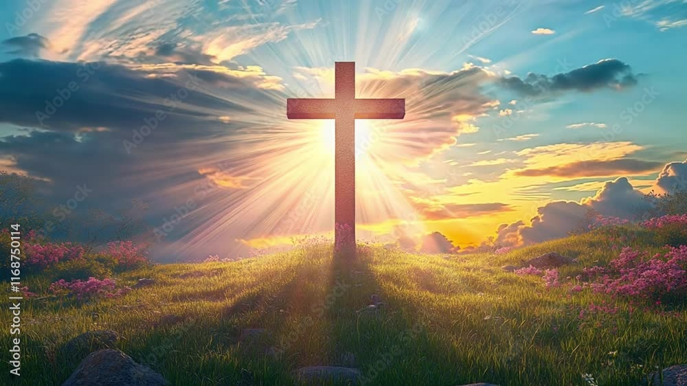 Sunset light and the holy cross of Jesus Christ and church summer retreat background landscape 4k video